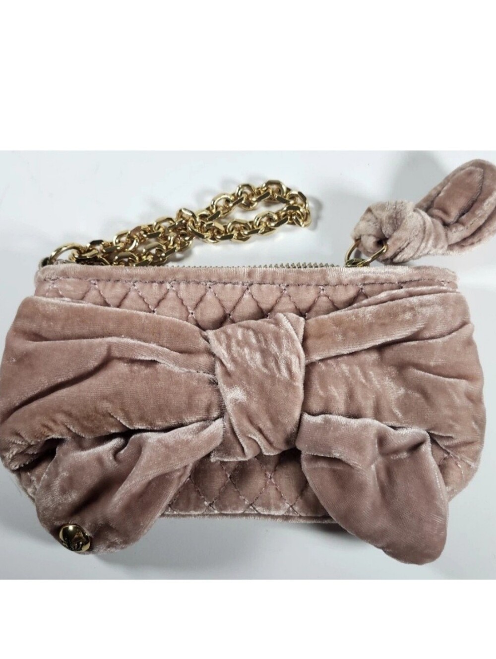 Juicy Couture Pink Bow Velvet Clutch/ Hand Bag Wristlet W/ Gold Color Chain